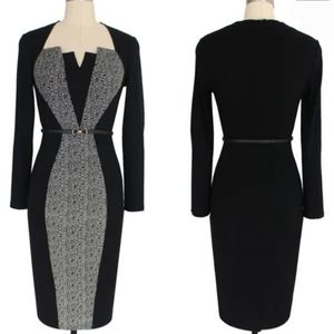 Patchwork Business LS Bodycon Pencil Sheathdress Black Grey